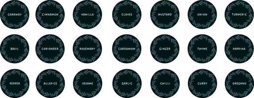 Vector set isolated food labels or stickers. Use to label kitchen food containers with spices. Labels, stickers, homemade stickers, botanical frame and spice name in English