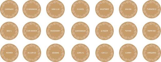 Vector set isolated food labels or stickers. Use to label kitchen food containers with spices. Labels, stickers, homemade stickers, botanical frame and spice name in English