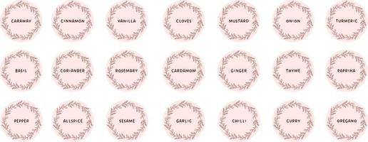 Vector set isolated food labels or stickers. Use to label kitchen food containers with spices. Labels, stickers, homemade stickers, botanical frame and spice name in English