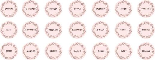 Vector set isolated food labels or stickers. Use to label kitchen food containers with spices. Labels, stickers, homemade stickers, botanical frame and spice name in English