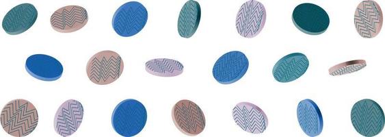 conjunto de pequeños cilindros cortos aislados geométricos modernos 3d vector abstracto, pastillas, caramelos, círculos con zigzags