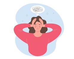 Woman with confused thoughts, holding her head with both hands. She is in indecision, questions, uncertainty. vector