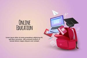 educación en línea con bolsas, laptop, libros y lápices. listo para el éxito. vector