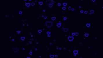 Blue heart particle motion background. Faded wallpaper animation with black color. Flying bubble.