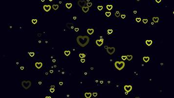 fundo de movimento de partículas de coração amarelo. animação de papel de parede desbotada com cor preta. bolha voadora.