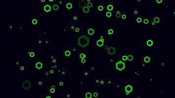 fundo de movimento de partícula hexágono verde. animação de papel de parede desbotada com cor preta. bolha voadora.