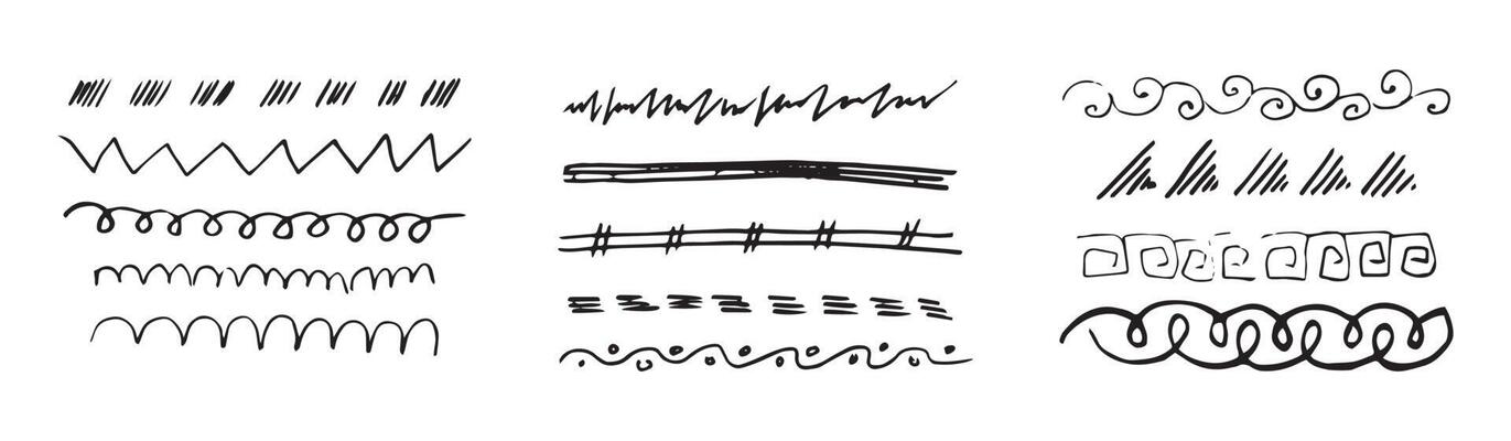 Set of hand drawn line borders, sketch strokes, scribbles and design elements isolated on white. Doodle style brushes