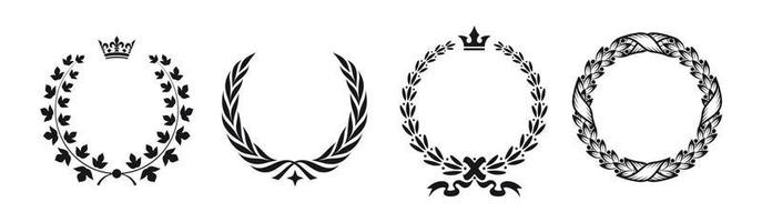 Set of black and white silhouette circular laurel foliate and oak wreaths depicting an award, achievement, heraldry, nobility.
