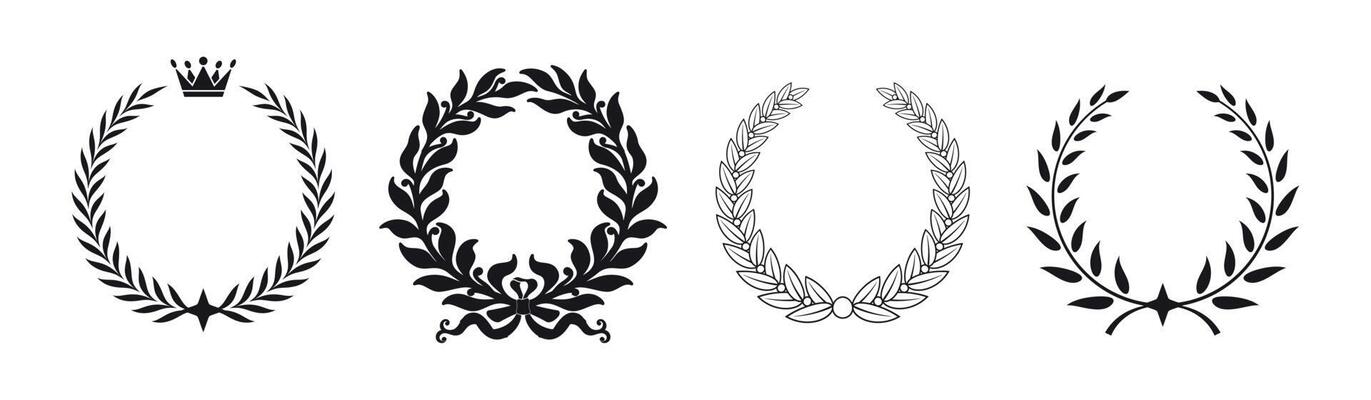 Set of black and white silhouette circular laurel foliate and oak wreaths depicting an award, achievement, heraldry, nobility. Vector illustration