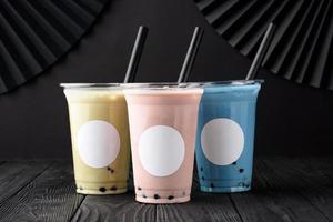 Taiwan milk tea with bubble on wood background photo