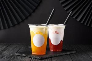 Taiwan milk tea with bubble on wood background photo