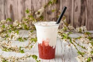 Taiwan milk tea with bubble on wood background photo