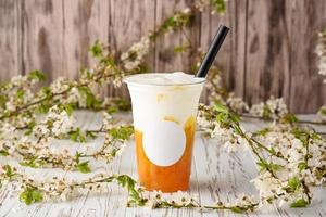 Taiwan milk tea with bubble on wood background photo