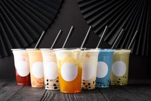 Taiwan milk tea with bubble on wood background photo