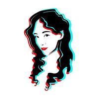 Girl face line art with blue and red color glitch effect vector