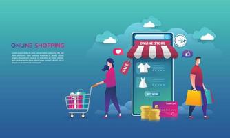 Online shopping on website E-commerce or mobile phone applications vector concepts and digital marketing. The man and woman are shopping on mobile phone.