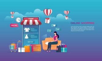 Online shopping on website E-commerce or mobile phone applications vector concepts and digital marketing. The woman is shopping on mobile phone.Vector.