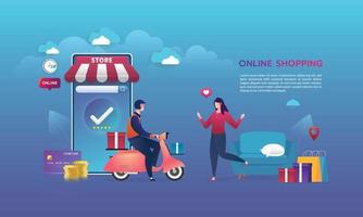 Online shopping on website E-commerce or mobile phone applications vector concepts and digital marketing. The woman is shopping on mobile phone and the man is delivering.