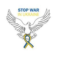 Continuous line drawing of a dove with a ribbon in the colors of the Ukrainian flag. Stop the war in Ukraine. A symbol of peace. Vector illustration isolated on white background.