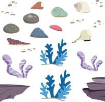 Underwater elements vector pack. Rocks corals reefs and seaweeds.