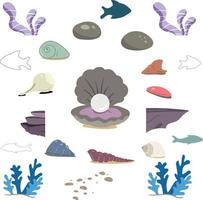 Underwater elements vector pack. Rocks corals reefs and seaweeds.