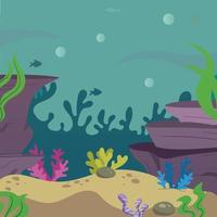 Underwater Aquatic Scene with Cute Adorable Fishes Water Corals Plants Rocks Sand. Ocean Background Scene. Underwater Elements Set. Kids Book Fishes Illustration Hand Drawn. Fishes undersea. Aquarium. vector