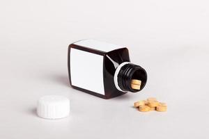 White pills box. Plastic bottles. Drugs box mock-up. Medical blank cardboard. Mockup. Pills bottle photo