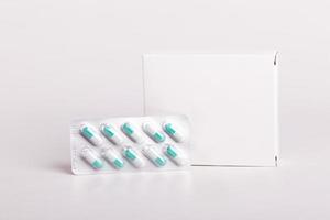 White pills box. Plastic bottles. Drugs box mock-up. Medical blank cardboard. Mockup. Pills bottle photo