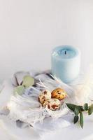 Easter eggs with white feather on white and gray background. Happy Easter holiday, front top view. photo