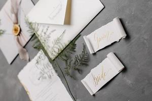 Wedding details flat lay. Wedding invitation and scroll paper. Bottle with fragrance. Ring box. Simple bouquet. photo