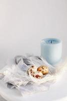 Easter eggs with white feather on white and gray background. Happy Easter holiday, front top view. photo