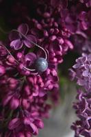 Necklace made of natural stone with silver fittings with purple violet lilac flowers on white ostrich feather. Silver accessories. photo