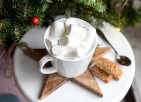 Coffee in a white cup with marshmallows. Morning festive coffee with traditional Italian cantuccini almond cookies. A cup of coffee on a background of green fir branches on a white stand. photo
