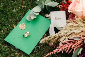 Wedding details flat lay. Wedding invitation. Ring box. Wedding bouquet. Mock up. Envelope. Copy space. photo