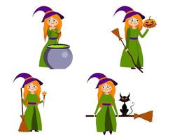 a set of cute cartoon witches in hats. vector