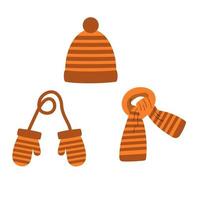set of hat, scarf, orange striped mittens, winter