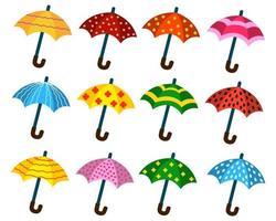 A set of cartoon umbrellas with different patterns. vector