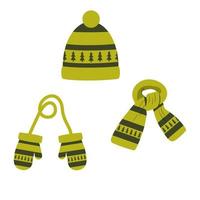 set of hat, scarf, mittens of green color with a pattern, winter vector