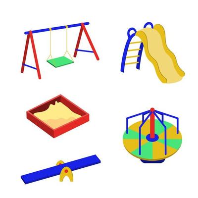 A set of equipment for a park playground for children's games. Slide, swing, carousel, sandbox.