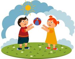 Vector illustration of children playing with a ball outside in summer in nature