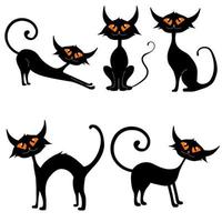 set of black cats in different poses with glowing eyes, vector isolated on a white background, Halloween