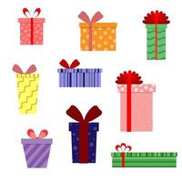 a set of gift boxes with bows, different shapes and patterns. isolated on a white background. vector