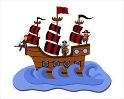 cartoon vector illustration of pirates sailing on a ship, isolated on a white background.