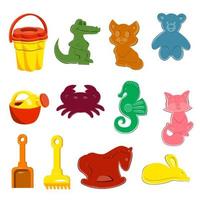 A set of sand toys. Animal molds, bucket, watering can, shovel, rake, toys for children. Crocodile cat crab mouse bear seahorse mouse.