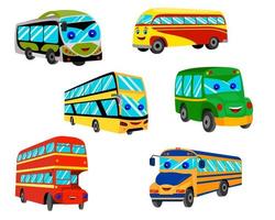 un conjunto de autobuses de dibujos animados con ojos y una sonrisa en rojo, amarillo y verde. transporte urbano, autobús de dos pisos, autobús escolar. vector