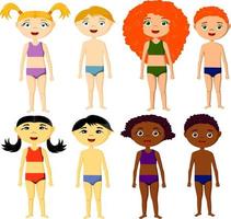 A set of children of different nationalities of the world. Set of 8 characters, boys and girls in underwear Africa, China, Europe. vector