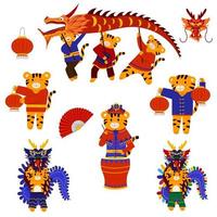 ilustración de dibujos animados para niños, año nuevo chino. un tigre toca un tambor