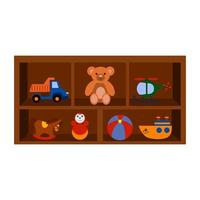 Different toys on a shelf, a cabinet with toys, vector