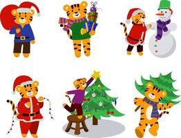 A set of cartoon illustrations of a tiger in the New Year style with Christmas items in their hands. vector