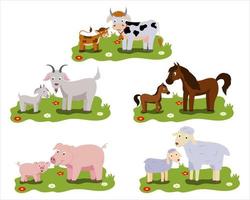 Cartoon family of farm animals, cute little animals and their mothers. A mother pig with a little piglet, a sheep and a lamb, a cow and a calf, a goat and a kid a horse and a foal are a set of vectors